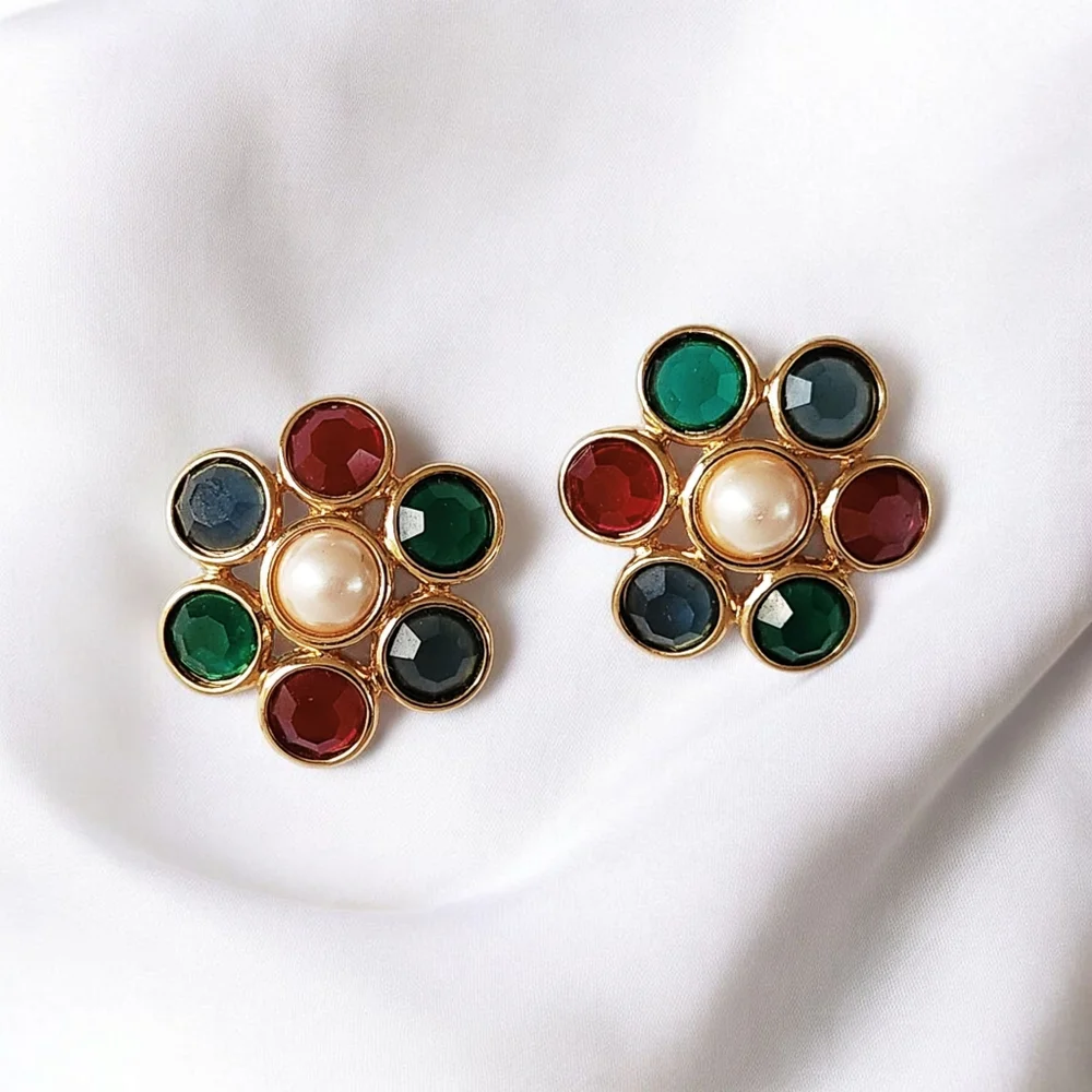 Vintage Monet Faceted Red Blue Green Glass Faux Pearl Round Flower Post Earrings